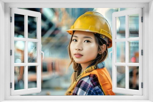 Asian young woman wearing a safety helmet inside a factory setting.