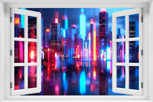 abstract neon cityscape featuring a towering skyscraper, a bustling street with colorful lights, and a bustling river flowing through the center