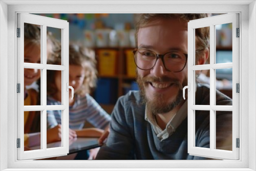 School Class: Enthusiastic and Motivated Teacher Using Digital Whiteboard and Tablet for Modern Education. Only Teacher.