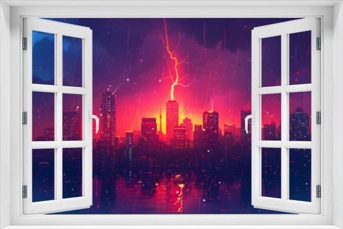 Flat Design Backdrop: Nighttime City Thunder Concept   A cityscape at night brightly illuminated by a crack of lightning, showcasing urban resilience. Flat illustration depicting t