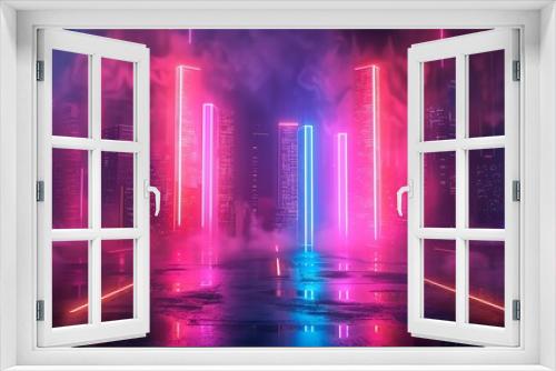 Futuristic neon cityscape backdrop with glowing lights and holograms for a hightech product podium display