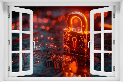 Glowing Cybersecurity Lock on Circuit Board