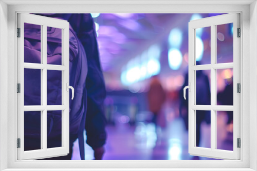 Traveler with Backpack in Illuminated Airport Tunnel