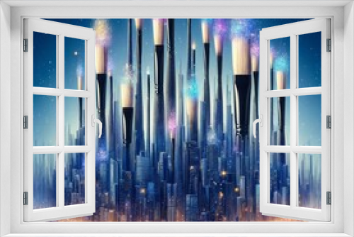 Brushes of Night- A whimsical cityscape painted with a palette of blue, purple, and white, glowing like city lights against a starry sky.