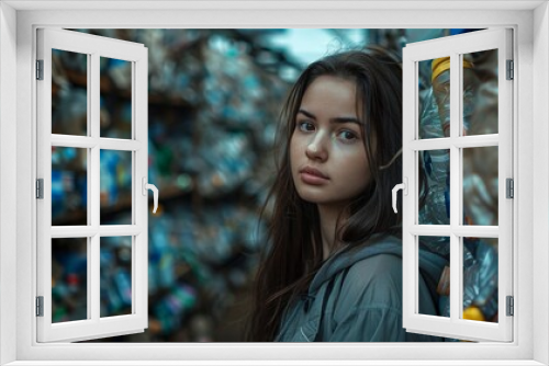 Young Woman Surrounded by Piles of Recyclable Plastic Bottles. Generative ai