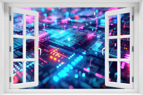 3d of abstract technology background with circuit board and colorful lights. Futuristic glowing display of ai innovation, microchip processing, and modern computer hardware.