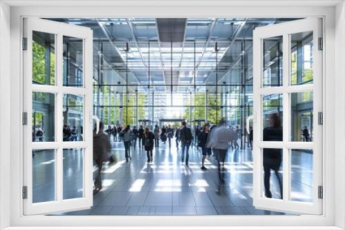 Crowded modern office building lobby with business professionals in motion during peak hours, highlighting the hustle of corporate life