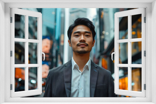 This vibrant lifestyle stock image captures a young Asian entrepreneur striding confidently through a lively urban thoroughfare, with towering skyscrapers towering in the backdrop. The bustling city s