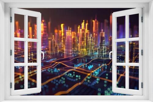Abstract speed light flow through the city with gradient and aesthetic Intricate lighting design ,Smart city and big data connection technology concept. 3D rendering
