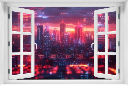 A vibrant futuristic cityscape at sunset featuring advanced holographic displays and towering skyscrapers, illuminated by a warm, orange-red sky.