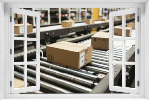 Cardboard boxes on the conveyor line of a sorting center. AI generative