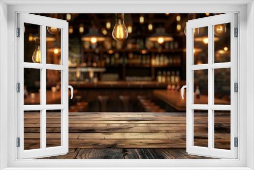 Blurred empty bar interior with wooden tables and hanging light bulbs, background for product presentation on screen or print design mockup.
