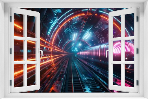 Futuristic train passing through a neonlit tunnel