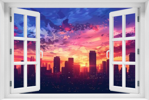 stunning sunset cityscape urban skyline silhouette against vibrant sky atmospheric evening scenery digital painting