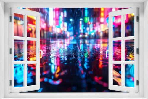 3d Abstract Cityscape with Neon Lights Reflected on Wet Pavement