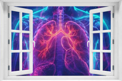 A detailed depiction of a chest Xray, showcasing a normal heart, lungs, and spine, artistically highlighted with neon lights to merge clinical accuracy with contemporary art