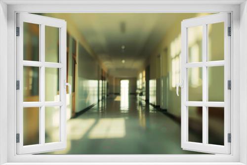 ABSTRACT BLUR CANTEEN ROOM BACKGROUND Office building or university lobby hall blur background with blurry school hallway corridor interior view toward empty corridor entrance : Generative AI