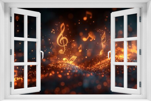 Blowing musical notes floating amidst a mesmerizing background of fiery orange bokeh lights, evoking the ethereal beauty of music in a visual form.
