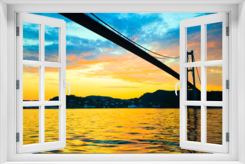 Fototapeta Naklejka Na Ścianę Okno 3D - sunset over suspension bridge in Bergen, Norway