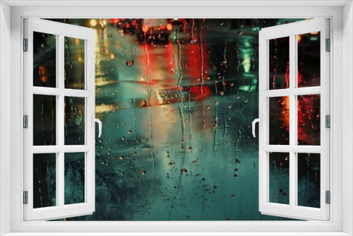 City lights reflecting off a wet window pane. The rain is falling heavily, and the lights are blurred and distorted.