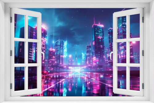 Futuristic cityscapes of a world adapted to frequent seismic activity, in a futuristic, neon theme