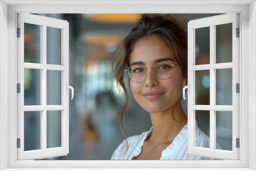 A woman wearing glasses and smiling