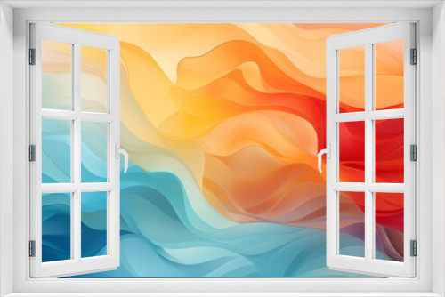 The image is a colorful abstract painting. It has a blue and orange gradient, with a wave-like pattern. The painting is soft and muted, with a dreamlike quality.