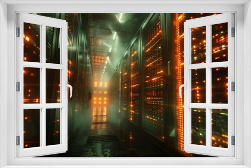 A high-tech data center, with rows of glowing servers and Smart Data Optimization.