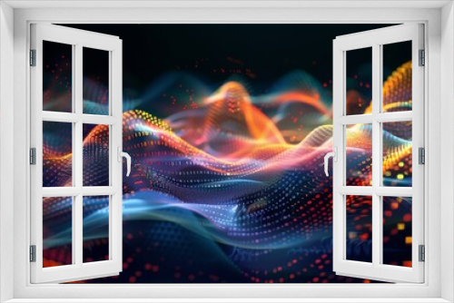 Digital background featuring data streams, binary code, and abstract digital waves with bokeh lights on the sides. 