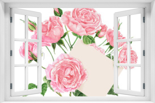 Fototapeta Naklejka Na Ścianę Okno 3D - watercolor pink roses with blank card, clipart style isolated on white background