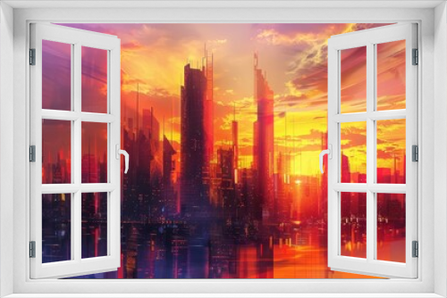 Abstract sunset over a futuristic city skyline with vibrant colors background