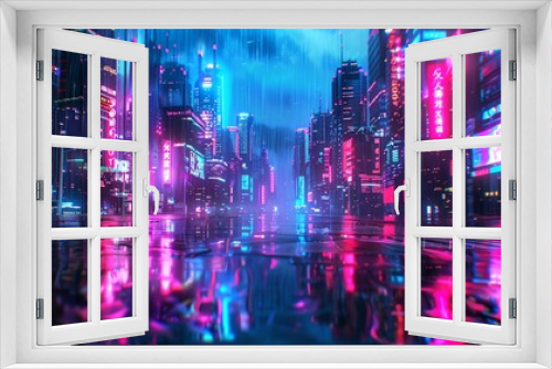 Cyberpunkinspired cityscape with neon signs and a rainy waterfront, reflections creating a mirrored effect Cyberpunk, 3D rendering, vibrant neon