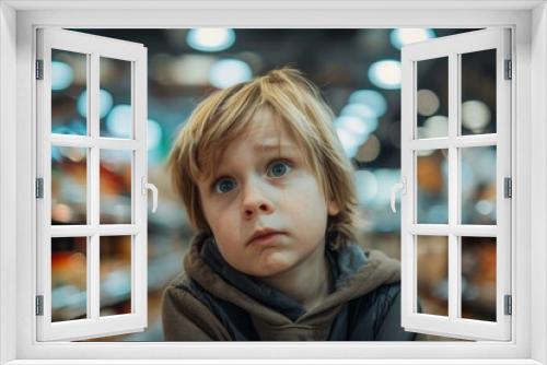 A young boy in a grocery store staring at the camera. AI.