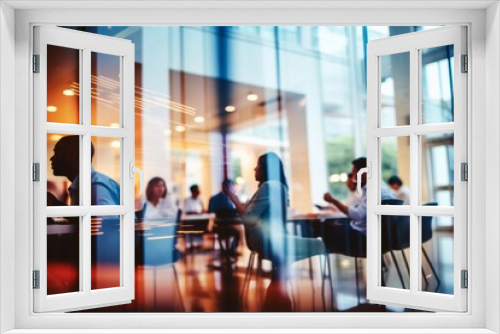 Blurred view of a business meeting in a glass conference room - teamwork - corporate environment - business collaboration