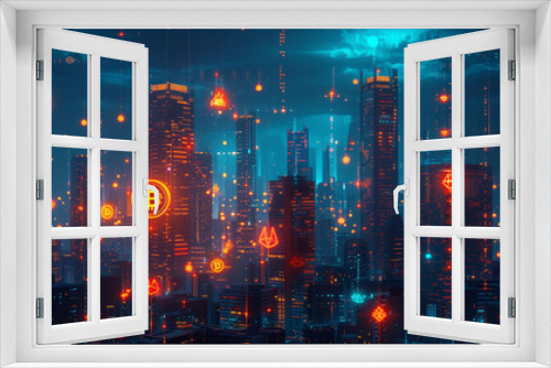 A futuristic cityscape illuminated with floating Bitcoin symbols and glowing digital elements, representing the integration of cryptocurrency in urban environments.