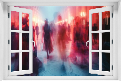 Dreamlike Fashion Runway with Ethereal Figures Gliding Against Soft Blurred Background