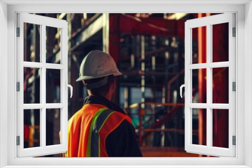 Construction worker in safety gear overseeing project