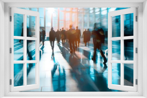 Sunlight streaming through glass structures illuminates silhouettes of busy professionals in a corporate building lobby