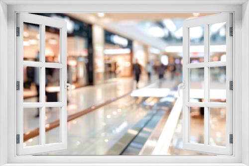 Blurred big sales on Black Friday. A long light floor in the mall with shops for buyers. Sale of clothing in a modern shopping center. The main background for the design. Shopping. Copyspace