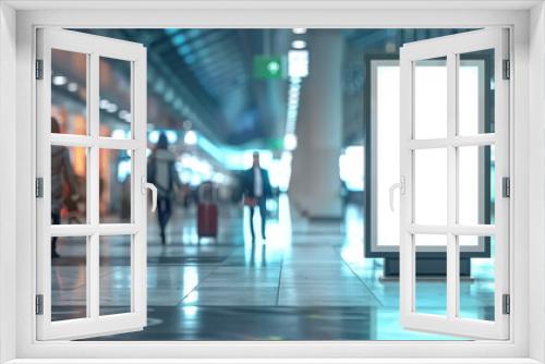  A blank white billboard in airport lobby,