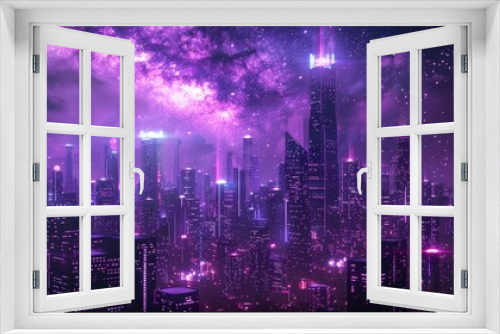 Cyberpunk ultraviolet city landscape. Night starry sky. Neon light