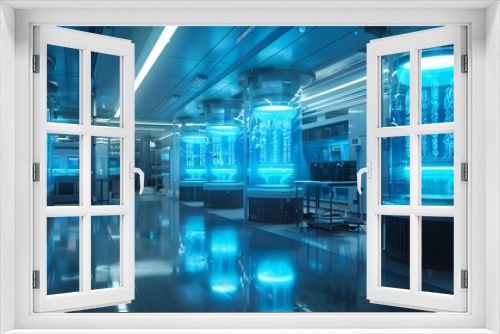 Stem cell research facility, cultivation of cells in bioreactors, clean room environment, soft blue lighting, digital watercolor style