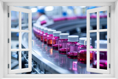 A production line of pink medicine bottles in a pharmaceutical factory, showcasing the industrial process of drug manufacturing and packaging.
