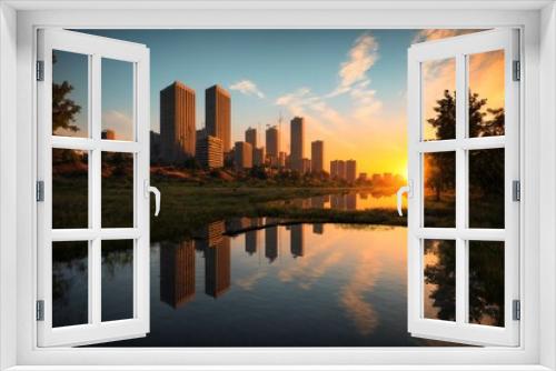 city buildings reflection in lake river pond water during sunset in summer. wide angle view from park field. cityscape under clouds and sky.