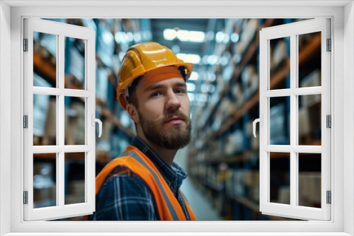 Portrait bearded man in yellow hard hat orange vest standing in warehouse looking at camera