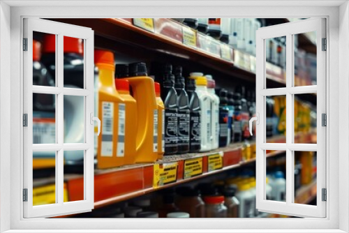 A store filled with shelves stocked with numerous bottles of liquid products for sale, creating a busy and bustling atmosphere