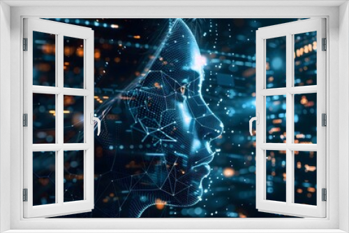 Digital illustration of a human face among glowing connections, symbolizing AI, technology, and the future of communication in a digital world.