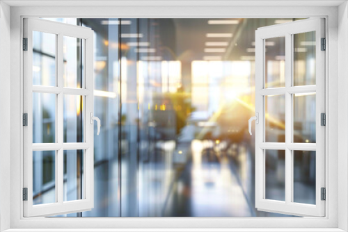 intentional blurred background of a light modern office interior with panoramic windows and beautiful lighting.