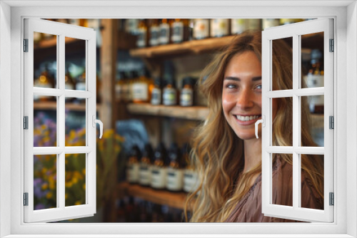 aromatherapy consultation, a happy white woman discovering aromatherapy benefits with a skilled south asian therapist in a serene spa, with assorted essential oils on shelves