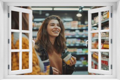 In a welllit grocery store aisle, a young woman enjoys shopping with a friend. They chat, select products, and have a pleasant trip together in the store, creating a cheerful and lively atmosphere